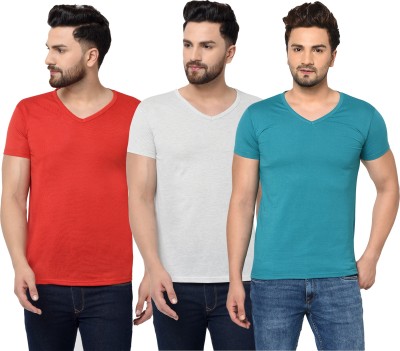 Jaskart Solid Men V Neck Light Blue, Red, Grey T-Shirt