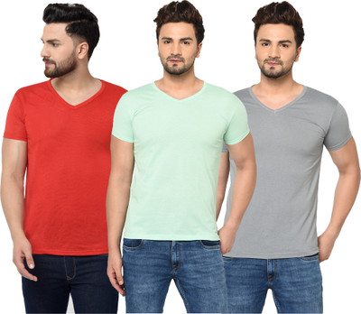 Jangoboy Solid Men V Neck Red, Green, Grey T-Shirt