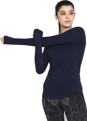 Ap'pulse Solid Women Round Neck Dark Blue T-Shirt