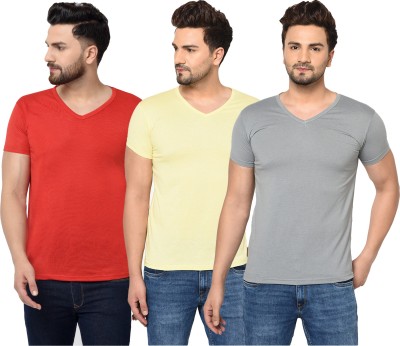 Tivy Solid Men V Neck Red, Pink, Grey T-Shirt