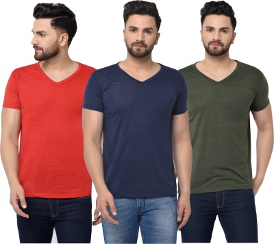 Tivy Solid Men V Neck Dark Blue, Dark Green, Red T-Shirt