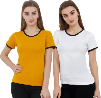 Reifica Solid Women Round Neck White, Yellow T-Shirt