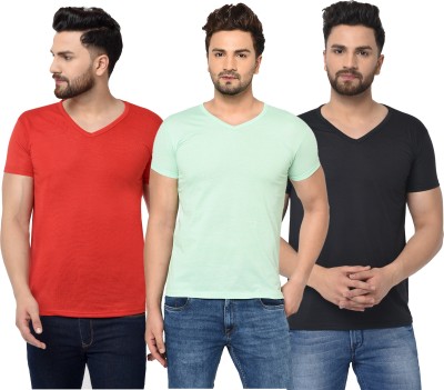 Jaskart Solid Men V Neck Red, Green, Black T-Shirt