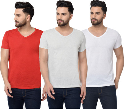 Jangoboy Solid Men V Neck Red, White, Grey T-Shirt