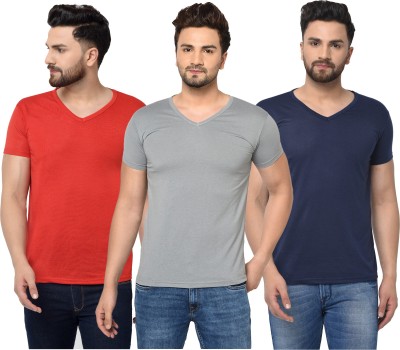 Tivy Solid Men V Neck Blue, Maroon, Grey T-Shirt