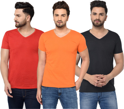 Jangoboy Solid Men V Neck Red, Black, Orange T-Shirt