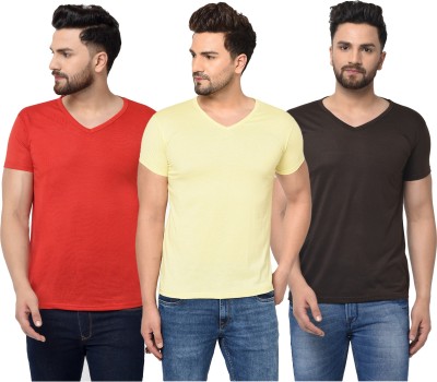 Bribzy Solid Men V Neck Red, Brown, Yellow T-Shirt