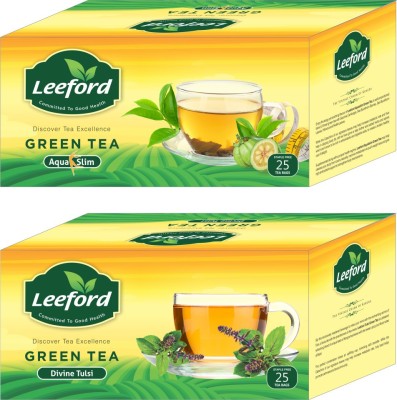 Leeford Green Tea Aqua Slim and Divine Tulsi for Better Immunity and Good Health ( 2 x 25 Tea Bags ) Combo Pack Green Tea Bags Box(2 x 25 Bags)