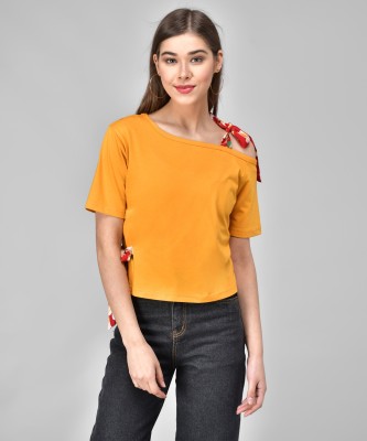 Raabta Fashion Casual Cold Shoulder Solid Women Yellow Top