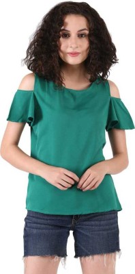 ADDICTED ATTIRE Casual Short Sleeve Solid Women Green Top