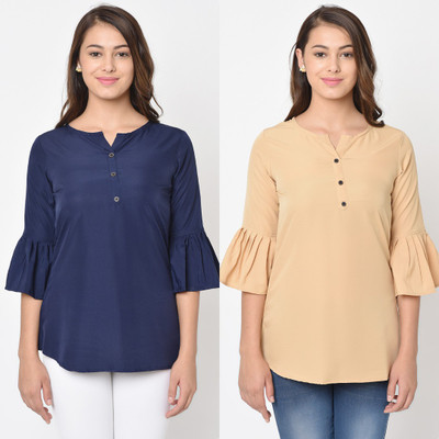 club fashion Casual Bell Sleeve Solid Women Blue, Beige Top