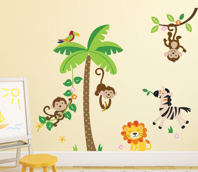 WALLDECORS 90 cm TREE WITH ANIMALS AND BIRDS ON IT AND NEAR STICKER Self Adhesive Sticker(Pack of 1)