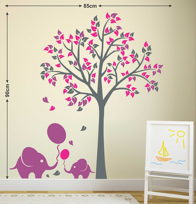 LANSTICK 101.6 cm TREE WITH COLORFUL LEAVES AND TWO ELEPHANTS WITH BALLOON STICKER Self Adhesive Sticker(Pack of 1)