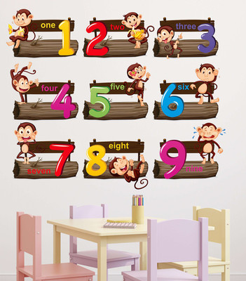 LANSTICK 101.6 cm ONE TO NINE NUMBERS AND LETTERS WITH MONKEYS IN BENCH STICKER Self Adhesive Sticker(Pack of 1)