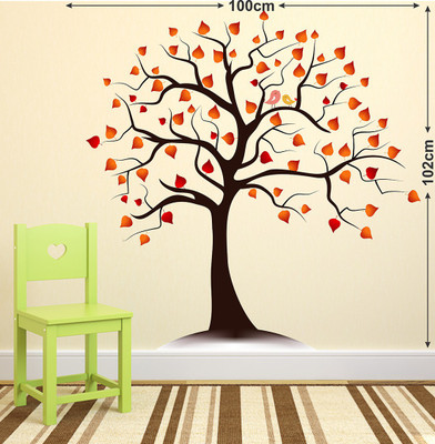 WALLDECORS 81.28 cm TREE WITH LEAVES AND BIRD STICKER Self Adhesive Sticker(Pack of 1)