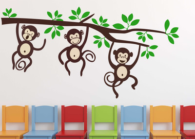 WALLDECORS 182.88 cm TRIPLE MONKEY HANGING ON TREE STICKER Self Adhesive Sticker(Pack of 1)