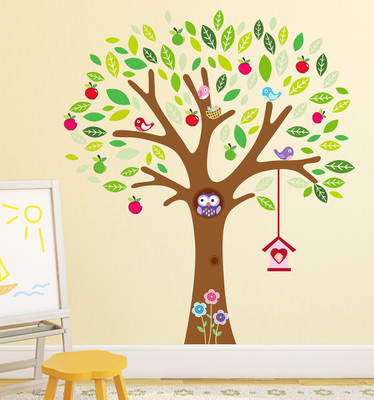 WALLDECORS 91.44 cm TREE WITH GREEN & YELLOW LEAVES AND APPLE HEART BIRDS IN IT STICKER Self Adhesive Sticker(Pack of 1)