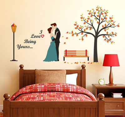WALLSTICK 140 cm Colorful Tree With Birds And Happy Couple Removable Sticker(Pack of 1)