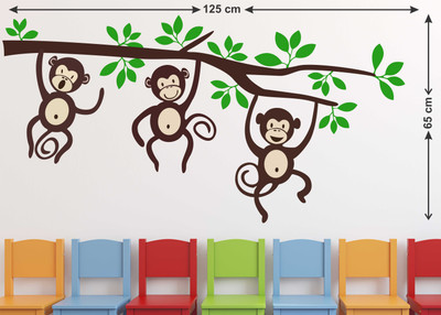 LANSTICK 93.98 cm TRIPLE MONKEY HANGING ON TREE STICKER Self Adhesive Sticker(Pack of 1)