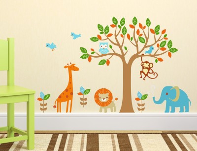 WALLDECORS 182.88 cm TREE WITH LEAVES AND BIRD LION ELEPHANT OWL MONKEY STICKER Self Adhesive Sticker(Pack of 1)