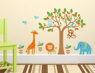 WALL STICKS 96.52 cm TREE WITH LEAVES AND BIRD LION ELEPHANT OWL MONKEY STICKER Self Adhesive Sticker(Pack of 1)