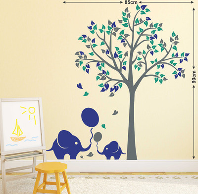 LANSTICK 99.06 cm TREE WITH COLORFUL LEAVES AND TWO ELEPHANTS WITH BALLOON STICKER Self Adhesive Sticker(Pack of 1)