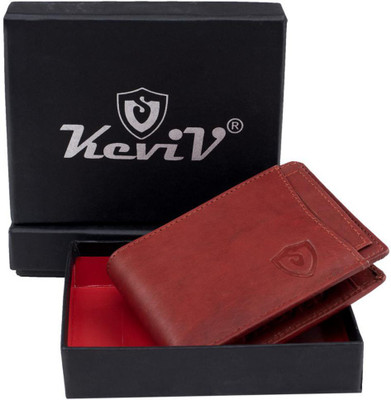Keviv Men Casual Red Genuine Leather Wallet(10 Card Slots)