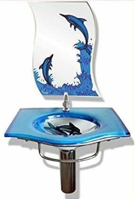 Arvind sanitary (006) Dolphin Glass Wash Basin Full Set 15x18 Wall Hung Basin(Blue and silver)