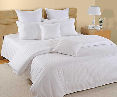 eleganzze Cotton King Flat 300 TC Striped Bedsheet(Pack of 2, White)