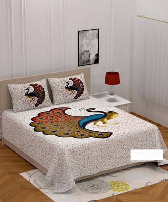 PINK CITY FAB CREATION Cotton Double Flat 280 TC Jaipuri Prints Bedsheet(Pack of 1, Blue with Beige)