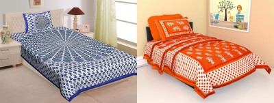 TANIKA - Belives in best quality 152 TC Cotton Single Printed Flat Bedsheet(Pack of 2, Blue, Orange)