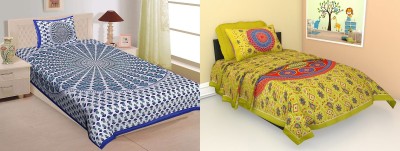TANIKA - Belives in best quality 152 TC Cotton Single Printed Flat Bedsheet(Pack of 2, Blue, Green)