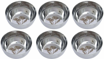 POZEX Stainless Steel Serving Bowl Stainless Steel Heavy Weight Laser Printed Flower Design Katori Bowls(Pack of 6, Silver)