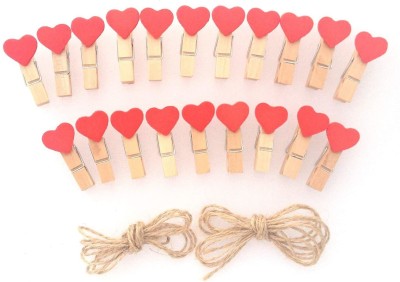 R H lifestyle 20pcs Mini Love Red Heart Wooden Photo Paper Clips WITH STRING SMALL WOODEN PAPER CLIP(Set of 20, Multicolor)