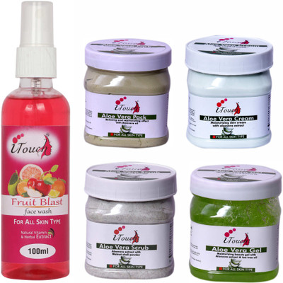I TOUCH HERBAL ALOE VERA SCRUB,CREAM,PACK,GEL (500 ML X 4 ) AND FRUIT BLAST FACE WASH 100 ML ( PACK OF 5 )(5 Items in the set)