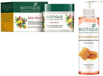 BIOTIQUE BIO FRUIT WHITENIG DEPIGEMENTATION & TAN REMOVEL FACE PACK,75GM & BIO HONEY GEL REFRESHING FOAMING FACE WASH,200ML(2 Items in the set)