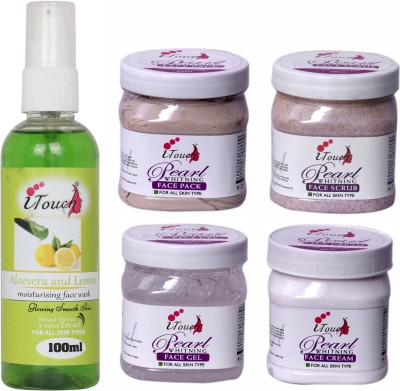 I TOUCH HERBAL PEARL SKIN WHITENING SCRUB,CREAM,PACK,GEL (500 ML X 4 ) AND ALOEVERA AND LEMON FACE WASH 100 ML ( PACK OF 5 )(5 Items in the set)