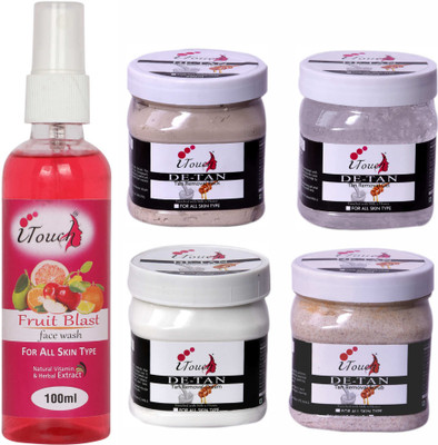 I TOUCH HERBAL DE-TAN SCRUB,CREAM,PACK,GEL (500 ML X 4 ) AND FRUIT BLAST FACE WASH 100 ML ( PACK OF 5 )(5 Items in the set)