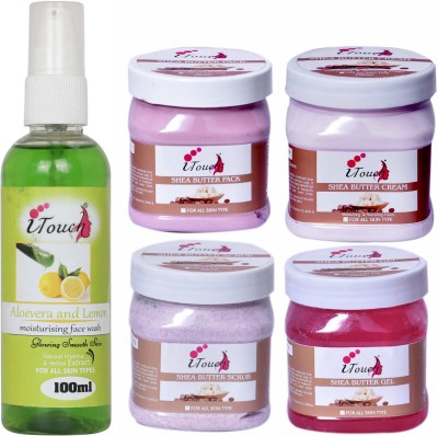 I TOUCH HERBAL SHEA BUTTER SCRUB,CREAM,PACK,GEL (500 ML X 4 ) AND ALOEVERA AND LEMON FACE WASH 100 ML ( PACK OF 5 )(5 Items in the set)