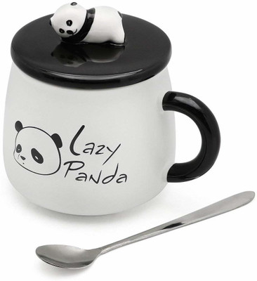 Avastro Ceramic Lazy Panda Printed with Lid and Spoon - 1 Piece,White Cup, 450 ml Ceramic Coffee Mug(450 ml)