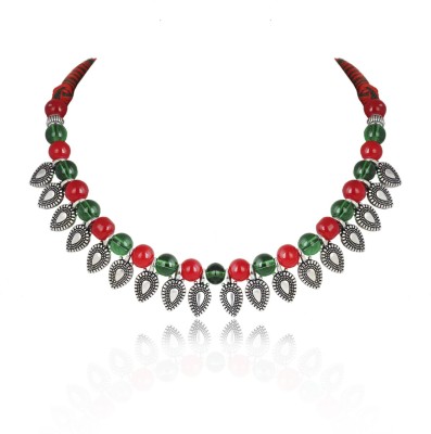 Waama Jewels Green & Red Thread Oxidized Silver Plated Metal Necklace for Girls & Women Silver Plated Brass Necklace
