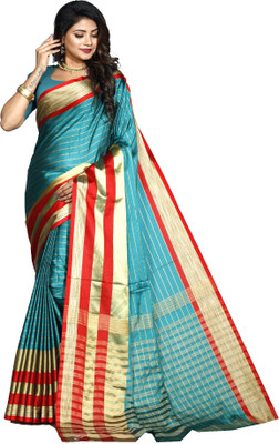 prabhas Striped Banarasi Cotton Silk Saree(Blue)