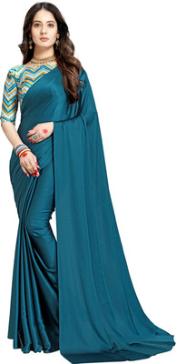 DHYANOM Solid/Plain Bollywood Satin Saree(Dark Blue)