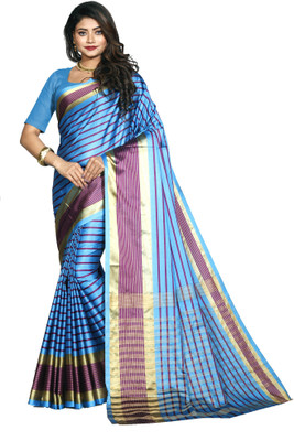 prabhas Striped Bollywood Cotton Silk Saree(Light Blue)