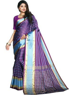 prabhas Striped Bollywood Cotton Silk Saree(Purple)