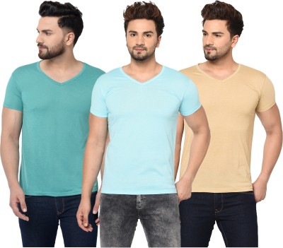 Bribzy Solid Men V Neck Light Blue, Beige T-Shirt