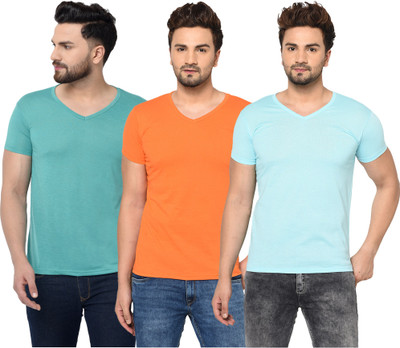 Jaskart Solid Men V Neck Light Blue, Orange T-Shirt