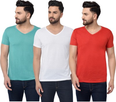 Bribzy Solid Men V Neck Red, White, Green T-Shirt