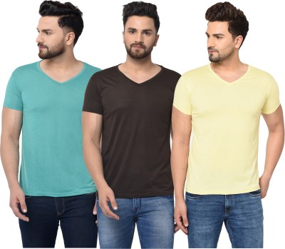 Jangoboy Solid Men V Neck Light Blue, Brown, Yellow T-Shirt