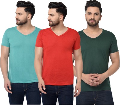 Jaskart Solid Men V Neck Light Blue, Dark Green, Red T-Shirt